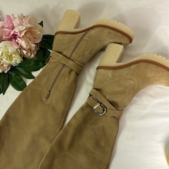 NWT Free People Jasper OTK Boots Suede Tan Block Heel Buckle Strap Boots - Picture 7 of 8